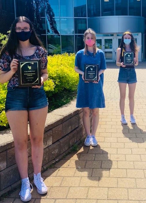 Prior to the end of the 2020-21 school year, Riverview High School recognized three students for their outstanding contribution to school life with the George Balsillie Award. The winners, from left, Ava Graham, Emily Turner, and Mary MacInnis. PHOTO CONTRIBUTED/MICHELLE COLEMAN.