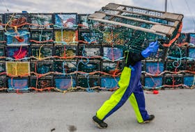 A fisherman carries a lobster trap towards the boat as the crew prepares for the start of lobster season on Monday, Nov. 27, 2017.