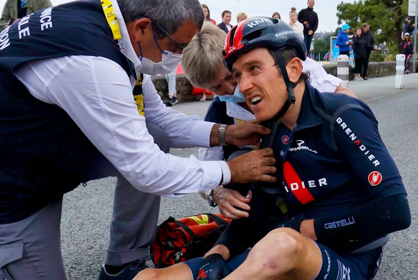  Team Ineos Grenadiers’ Geraint Thomas of Great Britain receives medical treatment after crashing during the 3rd stage of the 108th edition of the Tour de France cycling race, 182 km between Lorient and Pontivy, on June 28, 2021.