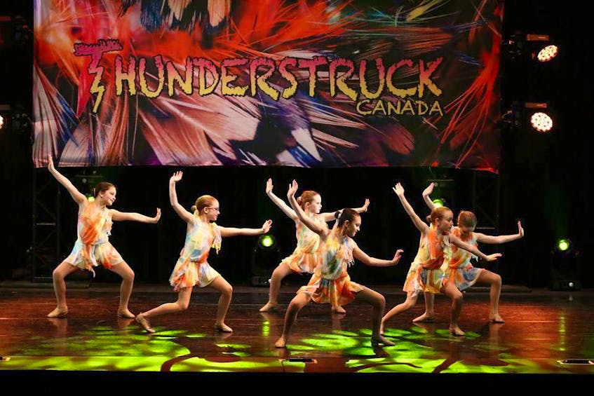 Isabella Forrest, second from the left, dances with a group from Northside Dance in Moncton in 2018 at a Thunderstruck Canada competition. CONTRIBUTED 