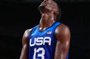 Edrice Adebayo of the United States looks dejected after losing to France in Olympic basketball.