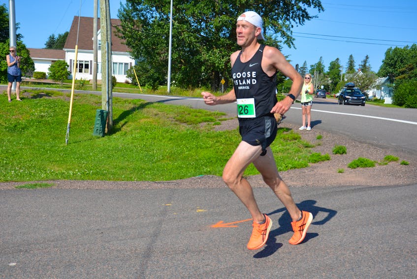 Mike Peterson of Charlottetown won the overall title in the 44th annual Callbeck’s Home Hardware Dunk River Road Race in Bedeque for the third time in four years on July 25. Peterson’s time was 44 minutes one second (44:01).
