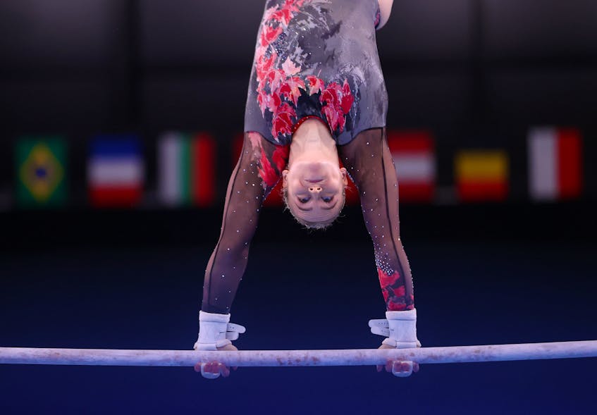 Halifax's Ellie Black competes on the uneven bars in the women's artistic gymnastics qualifier at the Ariake Gymnastics Centre, in Tokyo, Japan, onSunday, July 25, 2021. - Lindsey Wasson / Reuters