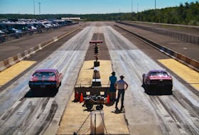 Bruce Riley of Halifax, left, and John Armstrong of Melvern Square, in the Annapolis Valley, are shown lined up for racing at Cape Breton Dragway in Sydney last summer. Cape Breton Dragway will open its 2021 season this weekend with no spectators due to COVID-19 restrictions. CONTRIBUTED • GERARD BRYDEN