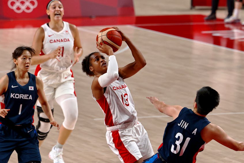 Shay Colley, who is originally from East Preston, prepares for a shot as Canada plays South Korea in women's basketball at the Tokyo Olympics at Saitama Super Arena in Saitama, Japan on Thursday, July 29, 2021.  - Bryan Snyder / Reuters
