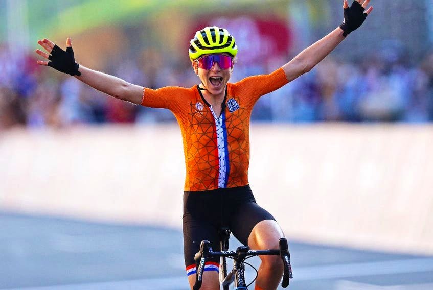 Annemiek van Vleuten of Team Netherlands celebrates crosses the finishing line, thinking that she won the gold. July 25, 2021 in Oyama, Shizuoka, Japan. - Postmedia  photo