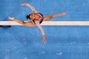  Sunisa Lee of the United States in action on the balance beam.