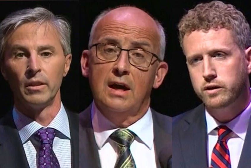 PC leader Tim Houston, left, NDP leader Gary Burrill and Liberal leader Iain Rankin held their first televised provincial leaders debate on Wednesday night in Halifax. — CONTRIBUTED