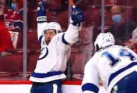 Tyler Johnson of the Tampa Bay Lightning celebrates after scoring the second of his two goals in Friday's Game 3 win over the Canadiens in Montreal. 