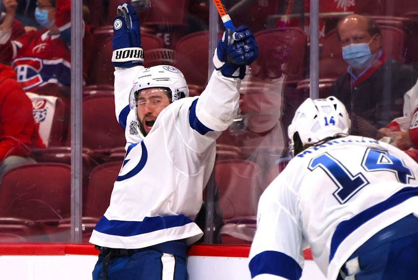 Tyler Johnson of the Tampa Bay Lightning celebrates after scoring the second of his two goals in Friday's Game 3 win over the Canadiens in Montreal. 