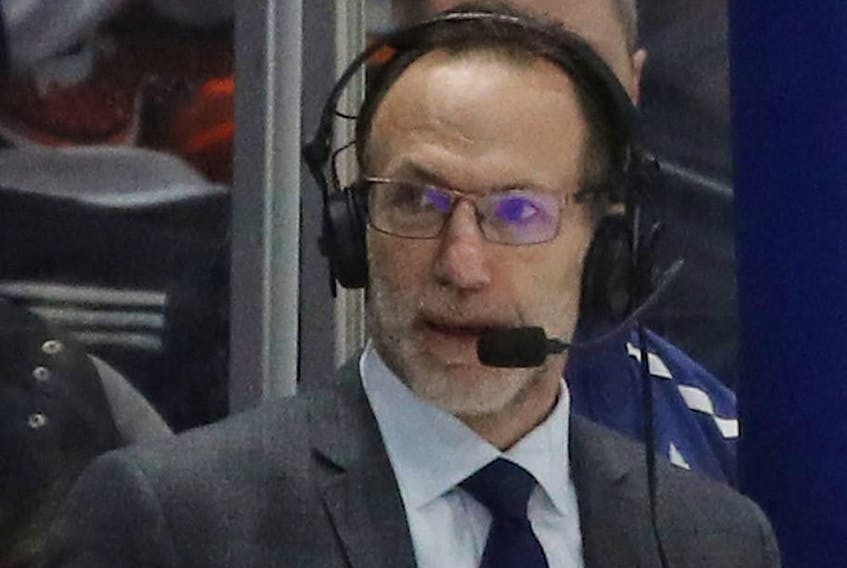 Broadcaster Ray Ferraro works the game between the Toronto Maple Leafs and the New York Islanders at NYCB Live's Nassau Coliseum on Feb. 28, 2019, in Uniondale City, N.Y.