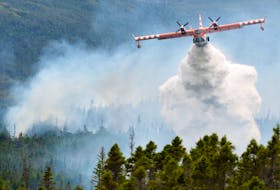 A waterbomber drops its load on a three-hectare brushfire near Fermeuse in this July 2020 file photo.