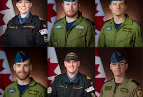 Top row, from left: Sub-Lieutenant Abbigail Cowbrough, a Maritime Systems Engineering Officer, originally from Toronto, Ontario, Captain Brenden Ian MacDonald, Pilot, originally from New Glasgow, Nova Scotia, Captain Kevin Hagen, Pilot, originally from Nanaimo, British Columbia, Bottom row, from left: Captain Maxime Miron-Morin, Air Combat Systems Officer, originally from Trois-Rivières, Québec, Sub-Lieutenant Matthew Pyke, Naval Weapons Officer, originally from Truro, Nova Scotia and Master Corporal Matthew Cousins, Airborne Electronic Sensor Operator, originally from Guelph, Ontario. 