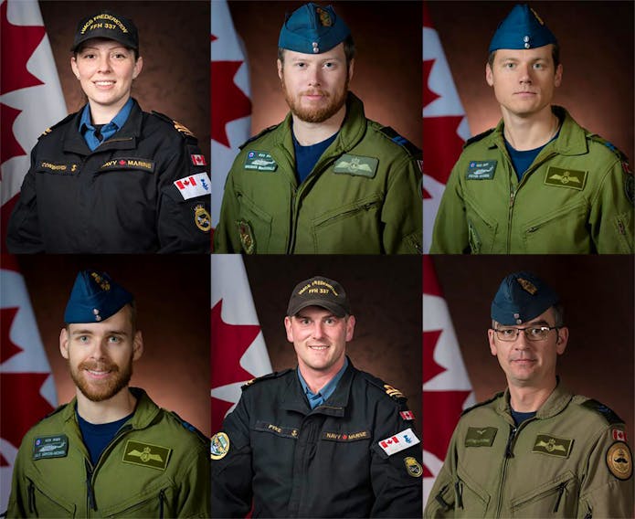 Top row, from left: Sub-Lieutenant Abbigail Cowbrough, a Maritime Systems Engineering Officer, originally from Toronto, Ontario, Captain Brenden Ian MacDonald, Pilot, originally from New Glasgow, Nova Scotia, Captain Kevin Hagen, Pilot, originally from Nanaimo, British Columbia, Bottom row, from left: Captain Maxime Miron-Morin, Air Combat Systems Officer, originally from Trois-Rivières, Québec, Sub-Lieutenant Matthew Pyke, Naval Weapons Officer, originally from Truro, Nova Scotia and Master Corporal Matthew Cousins, Airborne Electronic Sensor Operator, originally from Guelph, Ontario. 