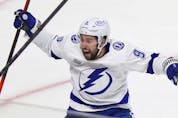Tampa Bay Lightning's Tyler Johnson celebrates his second-period goal against the Canadiens in Game 3 of the Stanley Cup Final in Montreal on Friday, July 2, 2021.  