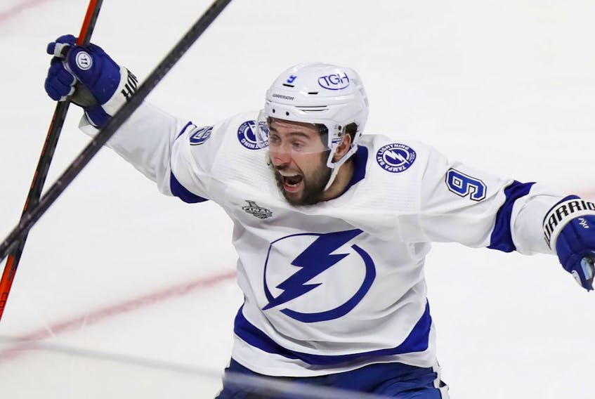 Tampa Bay Lightning's Tyler Johnson celebrates his second-period goal against the Canadiens in Game 3 of the Stanley Cup Final in Montreal on Friday, July 2, 2021.  