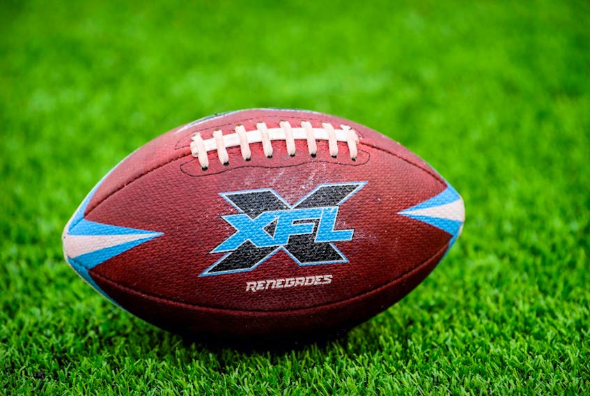 An XFL football on the field before the game between the Dallas Renegades and the St. Louis Battlehawks at Globe Life Park. 