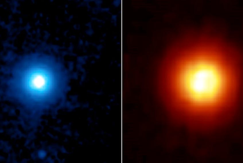 NASA's Spitzer Space Telescope captured these images of the star Vega, located 25 light years away in the constellation Lyra, in 2005. Spitzer was able to detect the heat radiation from the cloud of dust around the star and found that the debris disc is much larger than previously thought. - NASA image