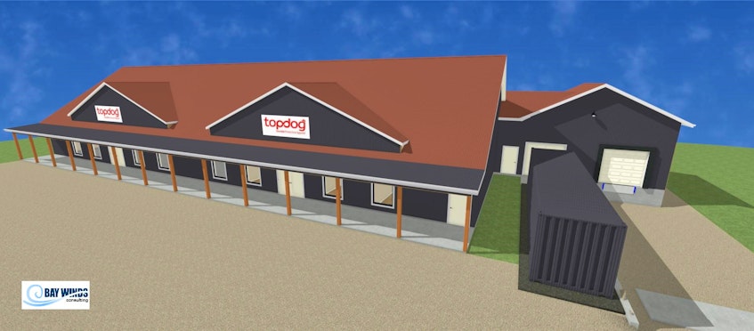 A drawing of how the outside of the Top Dog Manufacturing’s new home at the former Roberts Auctioneering building will look like following the completion of renovations. - Contributed