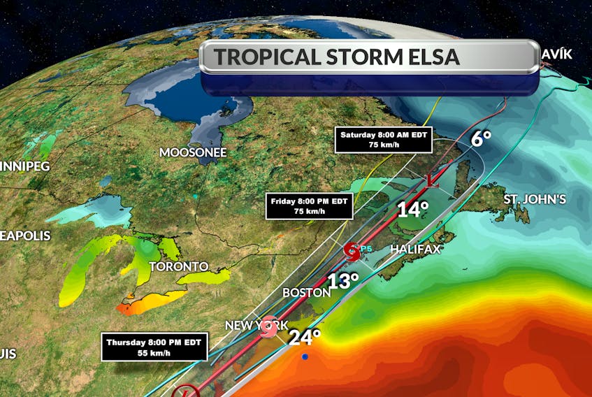 Tropical storm Elsa will enter Canadian waters, come up the Bay of Fundy and then sit over the southwest corner of New Brunswick by about 8 p.m. Friday, says SaltWire chief meteorologist Cindy Day.  