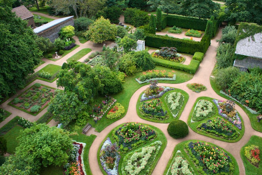 An aerial view shows the well-sculpted layout of the Victorian Garden at the Annapolis Royal Historic Gardens.
