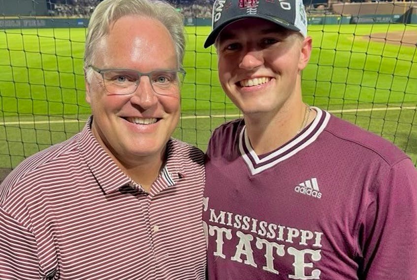 Sydney native Kevin MacLeod, left, and son Christian MacLeod following a Mississippi State University baseball game earlier this season. Kevin was drafted by the Oakland Athletics at the 1987 MLB Draft, while Christian is eligible for this year’s draft. CONTRIBUTED