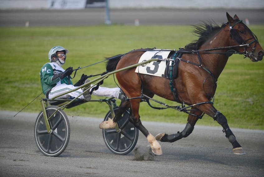 Time To Dance, with Mark Campbell in the sulky, prepares for a race in June at Red Shores at the Charlottetown Driving Park. The team has the rail in the Governor’s Plate July 10 at Red Shores at the Summerside Raceway.