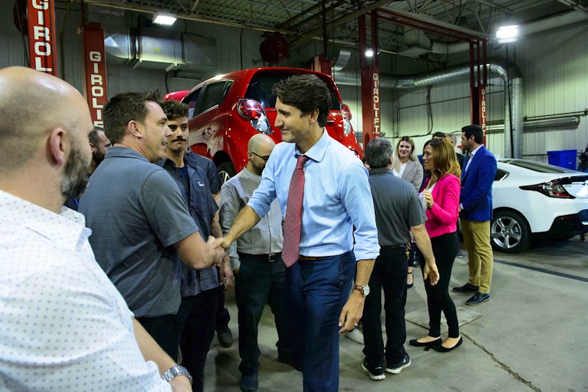 Prime Minister Justin Trudeau makes a policy announcement at an electric vehicle car dealership during a campaign stop in Trois-Rivieres, Que. Contributed  - POSTMEDIA