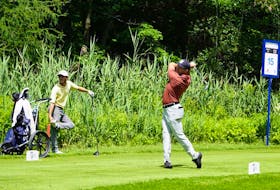 Blair, shown teeing off at the 15th hole at the Club de Golf Le Blainvillier in Blainville, Que., finished tied fior fourth in the first event of the 2021 Mackenzie Tour season. — Mackenzie Tour