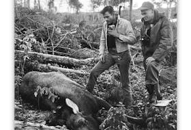 In this photo by renowned photographer Richard Friske, musician Johnny Cash (left) and his hunting guide, wildlife officer Heman Whalen, are shown at Victoria Lake in Newfoundland during a moose-hunting trip on Oct. 11, 1961. Cash made a 200-yard shot to get the 500-pound moose, which he wanted for food. The meat was later packaged in Grand Falls-Windsor and sent to him.