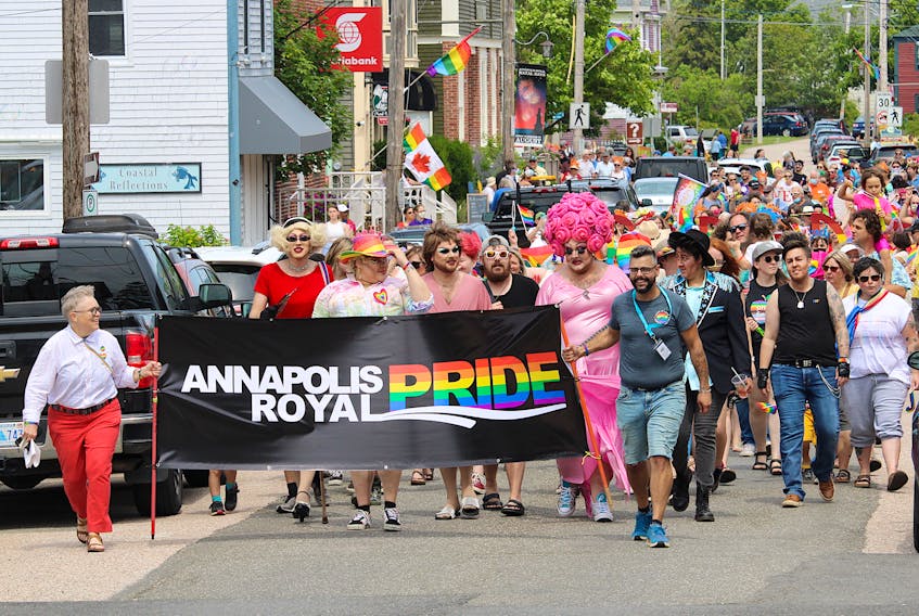 A crowd estimated to be about 200 took part in the Annapolis Royal Pride celebrations on Aug. 7, which included a walk from the Annapolis Royal Maket up St. George Street to the Oqwa’titek Waterfront Amphitheatre.