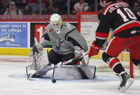 In this February 2019 file photo, goaltender Evan Fitzpatrick is shown in action for the American Hockey League’s San Antonio Rampage against the Grand Rapids Griffins in Grand Rapids, Mich. The 23-year-old Fitzpatrick has been invited to the training camp of the NHL’s Florida Panthers after signing a two-year AHL contract with the Charlotte Checkers, the Panthers’ primary farm team. — Flickr/Grand Rapids Griffins