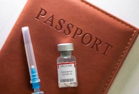 A syringe and a vial labelled "coronavirus disease (COVID-19) vaccine" are placed on a passport in this illustration taken April 27, 2021. Support for an Ontario vaccine passport is split in Windsor.