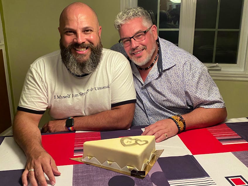 Chris Maragoudakis, left, and his husband Rev. Darryl MacDonald on their 14th wedding anniversary last year. The couple have been together for 28 years. CONTRIBUTED  - Contributed