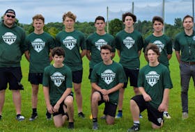 Football P.E.I.’s under-18 male team will begin play in the Atlantic flag football championship at UPEI against New Brunswick on Aug. 13 at 2 p.m. Team members are, front row, from left: Victor Steele, Connor Mosher and Jake Henderson. Back row: Kyle Nicholson (head coach), Charlie Ross, Sam Martin, Zackary Blood, Hunter Lannigan, Yannick MacPhee and Colin Trewin (assistant coach). Missing from the photo are Lucas Doucette and Zac Toner.