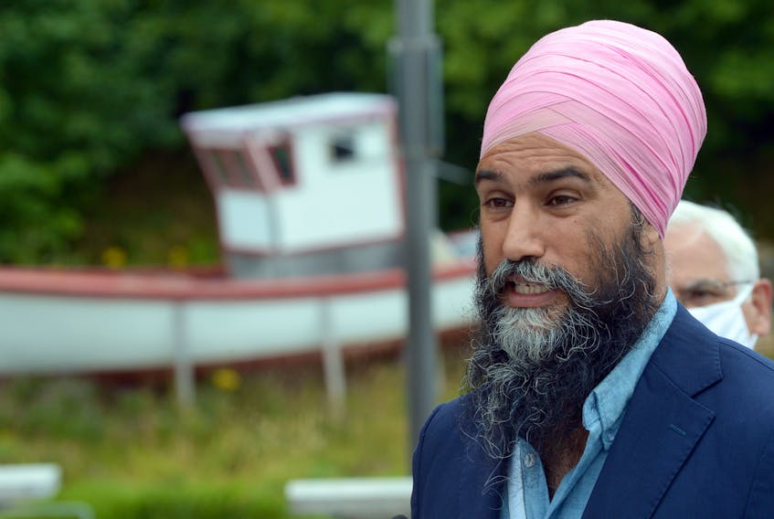 NDP Leader Jagmeet Singh speaks to reporters during a news conference at the Quidi Vidi Plantation in St. John’s Thursday morning, Aug. 12. Keith Gosse • The Telegram