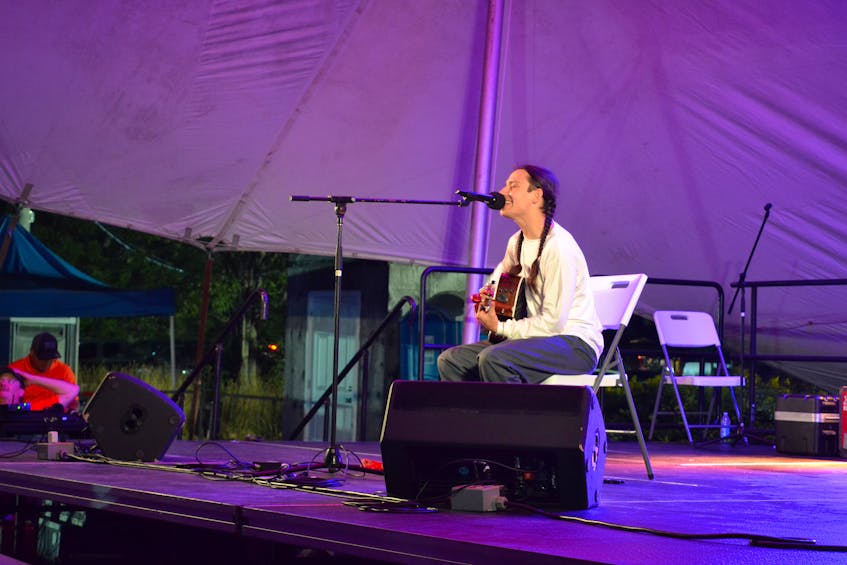 Singer-songwriter Andrew Joseph Stevens III, known as Drives the Common Man, arrived just in time to finish off the first day of the Eskasoni powwow on Saturday after a day of travelling. ARDELLE REYNOLDS/CAPE BRETON POST - Ardelle Reynolds