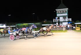 The Gilles Barrieau-driven Ideal Perception, 3, hits the wire first in the $12,500 Gold Cup and Saucer Trial 2 at ed Shores Racetrack and Casino at the Charlottetown Driving Park on Aug. 16. Rock Lights, front, driven by Jason Hughes, finished second, and Racemup came third to qualify for the 62nd edition of The Guardian Gold Cup and Saucer on Aug. 21. Gail MacDonald Photo