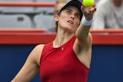  Rebecca Marino serves during her singles third-round match against Aryna Sabalenka of Belarus on Day Four of the National Bank Open on Aug. 12, 2021 in Montreal.