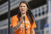  Indigenous artist Brandy Jones speaks during the event held on City Square Plaza on Saturday, Aug. 14, 2021 in Regina. TROY FLEECE / Regina Leader-Post