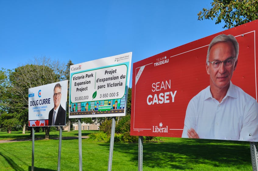 Election signs for candidates in the Charlottetown riding are set up at the bottom of North River Road, at Brighton Road in the capital city. Cody McEachern • The Guardian - Saltwire network