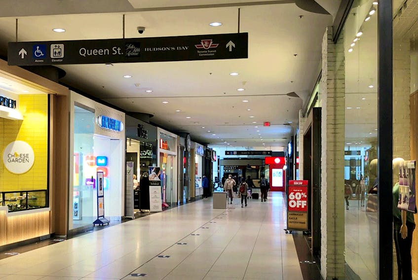  A nearly empty Eaton Centre in Toronto last October. Retailers may benefit from a proposal by O’Toole to forgo sales tax on all purchases for a month.