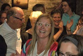 A jubilant Karla MacFarlane as the news comes in during election night that not only did she retain her Pictou West seat but her Progressive Conservative party would form the next government.