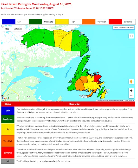 The forest fire hazard situation in Newfoundland and Labrador on Wednesday evening, Aug. 18. — Government of N.L./Dept. of Fisheries, Forestry and Agriculture