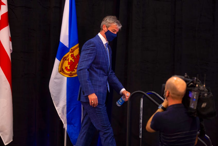 Premier-Designate Tim Houston leaves the stage after speaking at a press conference at the Pictou Country Wellness Centre on Wednesday, Aug. 18, 2021.