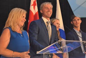 New Nova Scotian Premier Tim Houston started his list of thank-yous by acknowledging the love and support he receives from his wife Carol, daughter Paget, and son Zachery, who joined him on stage for his victory speech.