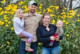 Amy and David Hill with their kids, Ayla and Zeke. The Hills own and operate Snowy River Farms in Cooks Brook, N.S. They have pasture-raised chickens, pasture and woods-raised pork, as well as market garden vegetables. 