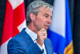 Progressive Conservative Premier-designate Tim Houston fields questions at a media availability after winning a majority government in the provincial election in New Glasgow, N.S. on Wednesday, Aug. 18, 2021. 