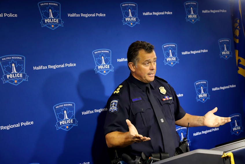 Halifax regional police chief, Dan Kinsella, gestures while responding to a reporter's question about the events surrounding Wednesday's shelter removal, at Halifax HQ in Halifax Thursday August 19, 2021.TIM KROCHAK PHOTO