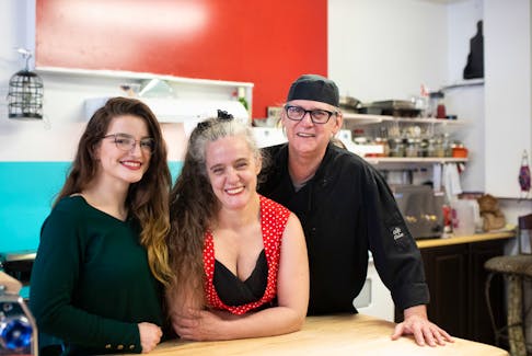 Zoë McCredie, centre, is joined by daughter Ceilidh Gills and parter Will Duggan at the counter at Rockin’ Rogi Diner where everything is made fresh from scratch. 